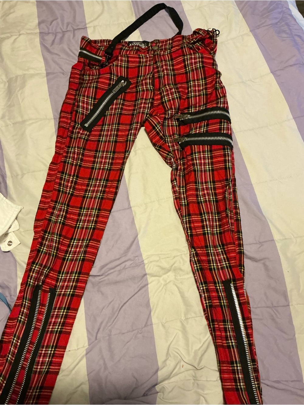 Red Plaid Zip-Accent Skinny Pants